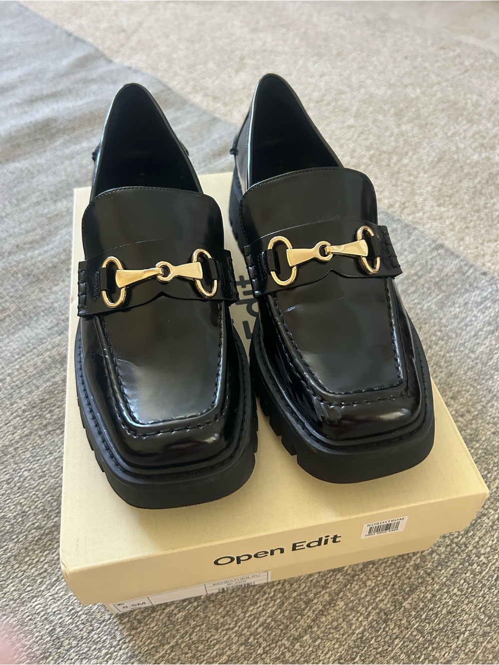 Open Edit Black Patent Loafers with Gold Horsebit
